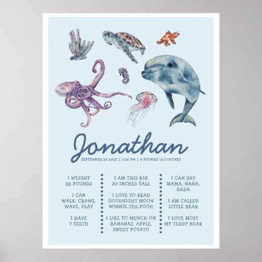 Onder Zee Animal Modern 1st Birthday Milestone Poster (Voorkant)