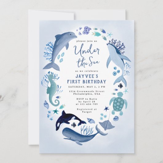 Onder Zee Blue Boy First Birthday Kaart (Voorkant)