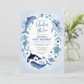 Onder Zee Blue Boy First Birthday Kaart (Staand voorkant)