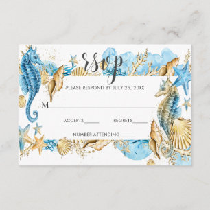 Onder Zee Blue Gold White Summer Wedding RSVP