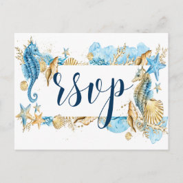 Onder Zee Blue Gold White Summer Wedding RSVP Uitnodiging Briefkaart