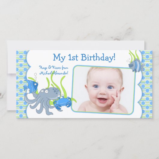 Onder Zee Critters Boy 1st Birthday Fotocard Aankondiging (Voorkant)