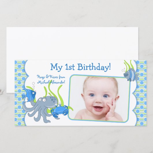 Onder Zee Critters Boy 1st Birthday Fotocard Aankondiging (Voorkant / Achterkant)