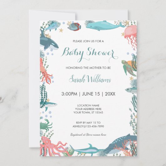 Onder Zee Cute Ocean Animals Baby shower RSVP Kaart (Voorkant)