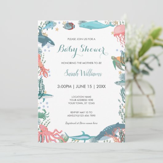 Onder Zee Cute Ocean Animals Baby shower RSVP Kaart (Staand voorkant)