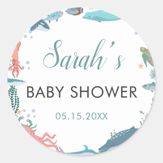 Onder Zee Cute Ocean Animals Baby shower RSVP Ronde Sticker (Voorkant)