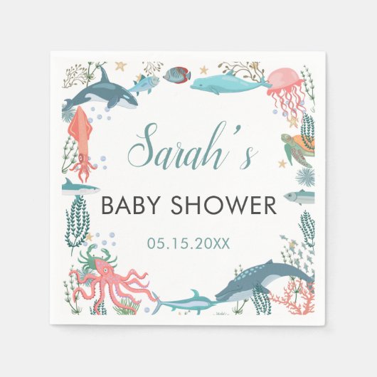 Onder Zee Cute Ocean Animals Baby shower RSVP Servet (Voorkant)