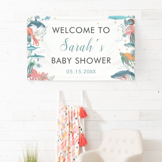 Onder Zee Cute Ocean Baby shower RSVP Backdrop Spandoek (Insitu)