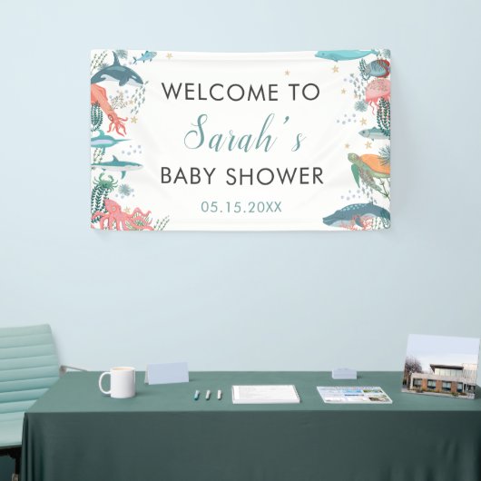 Onder Zee Cute Ocean Baby shower RSVP Backdrop Spandoek (Beurs)