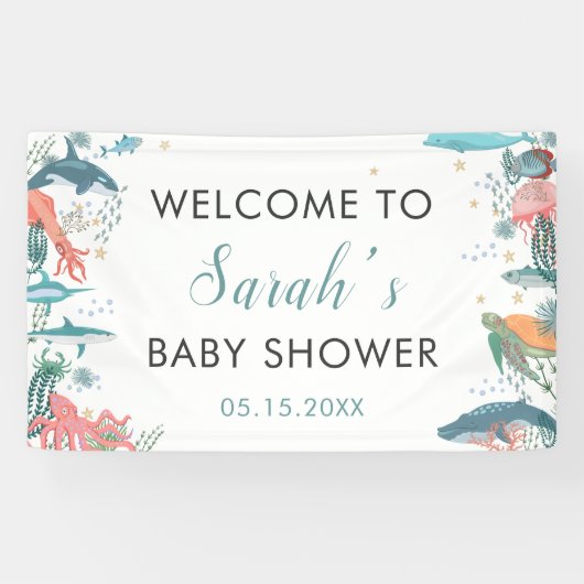Onder Zee Cute Ocean Baby shower RSVP Backdrop Spandoek (Horizontaal)