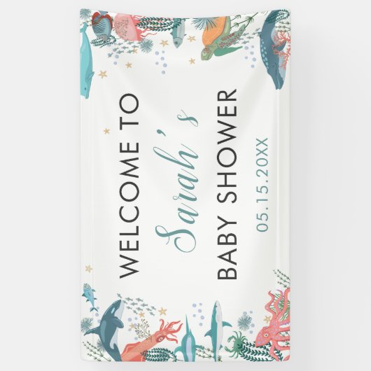 Onder Zee Cute Ocean Baby shower RSVP Backdrop Spandoek (Verticaal)