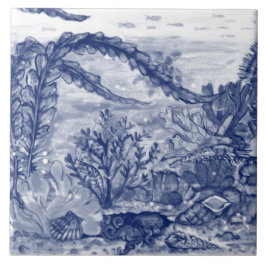 Onder Zee Dark Blue Ocean Scene Octopus Mural PC#5 Tegeltje