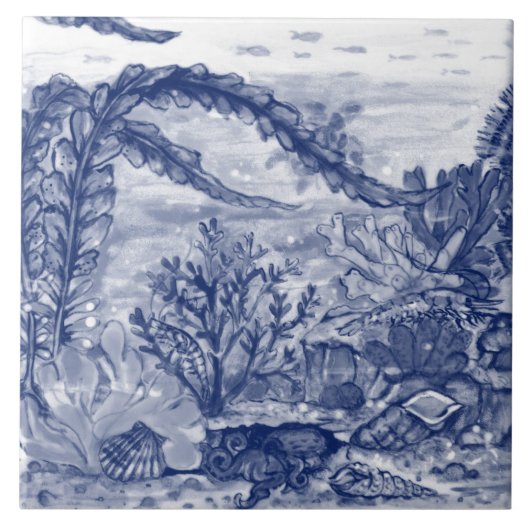 Onder Zee Dark Blue Ocean Scene Octopus Mural PC#5 Tegeltje (Voorkant)