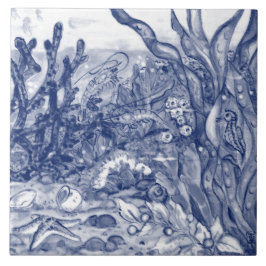 Onder Zee Dark Blue Ocean Scene Shrimp Mural PC#9 Tegeltje