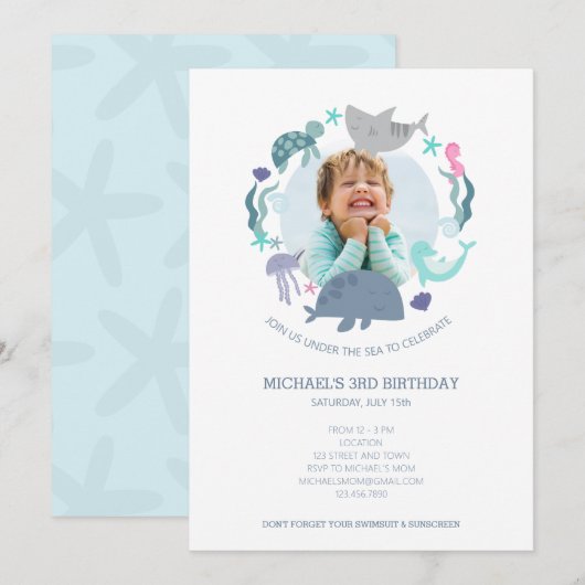 Onder Zee Foto Birthday Invitation Kaart (Voorkant / Achterkant)