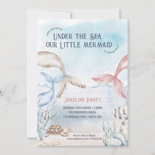Onder Zee Little Mermaid Waterverf Birthday Kaart (Voorkant)