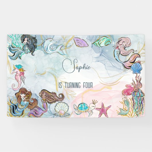 Onder zee Mermaids kinderen jarig Spandoek (Horizontaal)