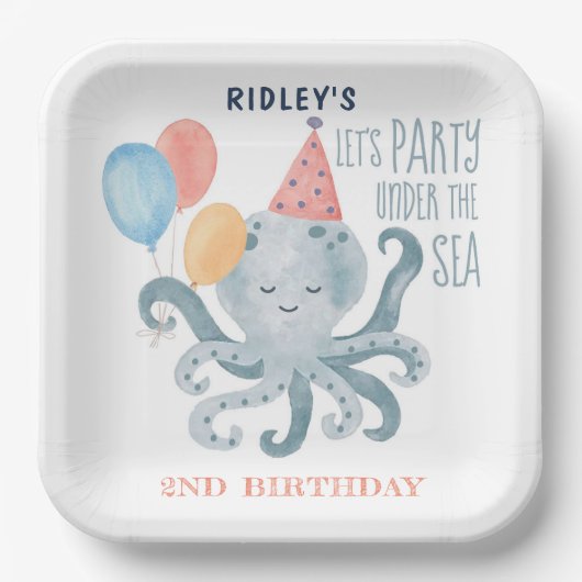 Onder Zee Octopus Waterverf Birthday Papieren Bordje (Voorkant)