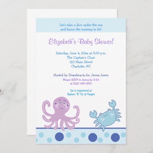 Onder Zee Paarse Octopus & Crab 5x7 Uitnodiging (Voorkant / Achterkant)