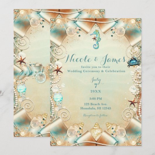 Onder Zee Pearls Ribbon Wedding Kaart (Voorkant / Achterkant)