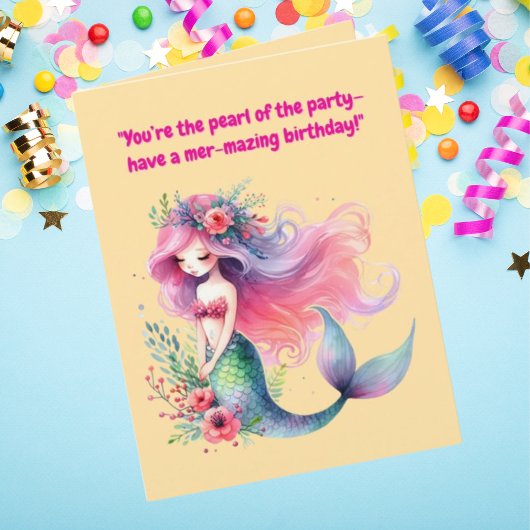 Onder Zee Schattige Zeemeermin Verjaardag Foto Gro Kaart