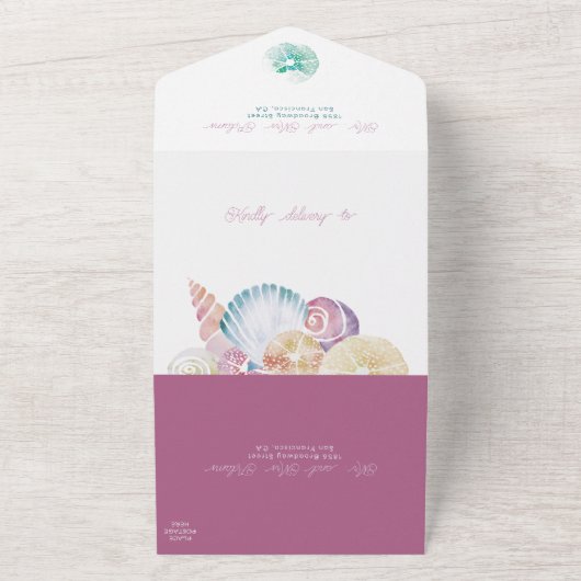 Onder Zee Shell Waterverf Strand Budget Bruiloft All In One Uitnodiging (Buitenkant)