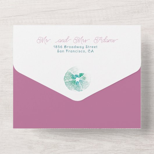 Onder Zee Shell Waterverf Strand Budget Bruiloft All In One Uitnodiging (Achterkant)