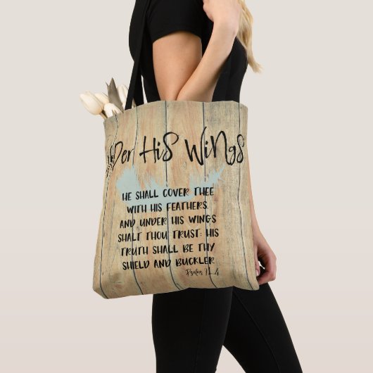 Onder Zijn Vleugels Quote met Feather & Bijbel Ver Tote Bag (Dichtbij)