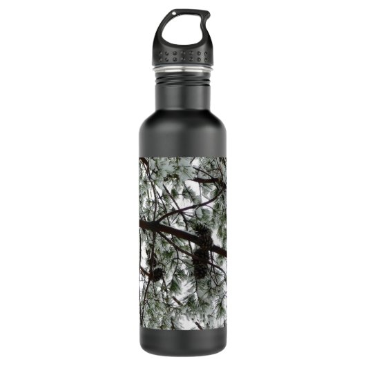 Onderaan de sneeuwbedekte pijnboom Winter Foto Waterfles (Voorkant)