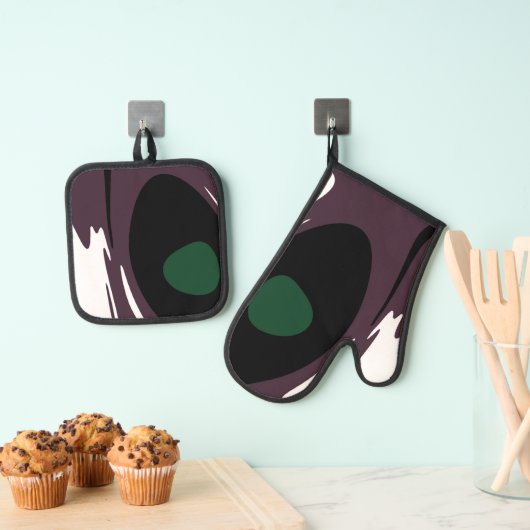 Onderdompeling: Abstract Zwart, Wit, Paarse & Groe Ovenwant & Pannenlap Set (Insitu(Ophanging))