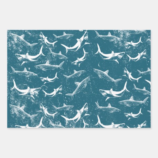 Onderdruk Blauw Shark Patroon Inpakpapier Vel (Voorkant 3)