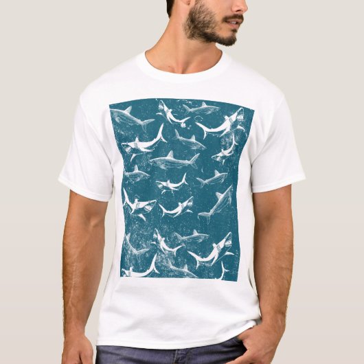 Onderdruk Blauw Shark Patroon T-shirt (Voorkant)