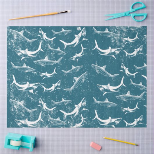 Onderdruk Blauw Shark Patroon Tissuepapier (Craft)