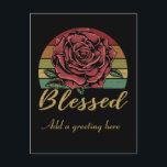 Onderdruk Retro Sunset Red Rose Blessed Briefkaart<br><div class="desc">Verzend dit -Stijl briefkaart met uw eigen gepersonaliseerd bericht op de voor en rug. Hij is voorzien van een klassieke rode roos voor een noodlijdende retro sunset background en het woord "Blessed" in gouden lettertype.</div>