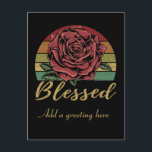 Onderdruk Retro Sunset Red Rose Blessed Briefkaart<br><div class="desc">Verzend dit -Stijl briefkaart met uw eigen gepersonaliseerd bericht op de voor en rug. Hij is voorzien van een klassieke rode roos voor een noodlijdende retro sunset background en het woord "Blessed" in gouden lettertype.</div>