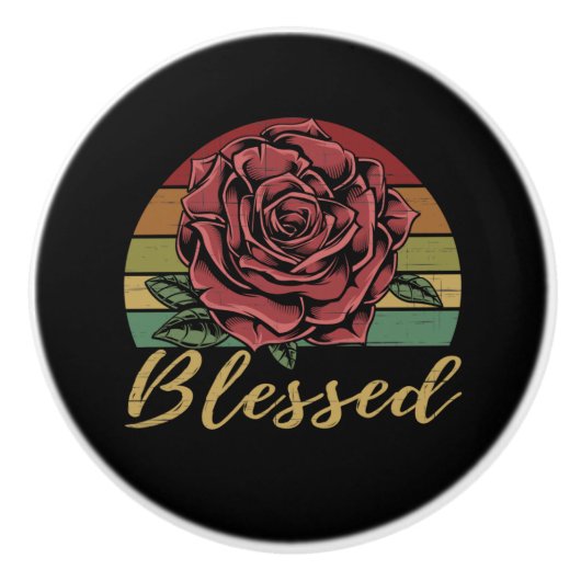 Onderdruk Retro Sunset Red Rose Blessed Keramische Knop (Voorkant)