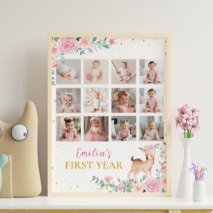 Onderful Deer Floral Eerste Jaar Foto Mijlpaal Poster