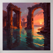 Ondergedompelde ruïnes - Landschapsillustratiestij Poster (Voorkant)