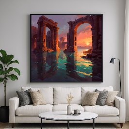 Ondergedompelde ruïnes - Landschapsillustratiestij Poster