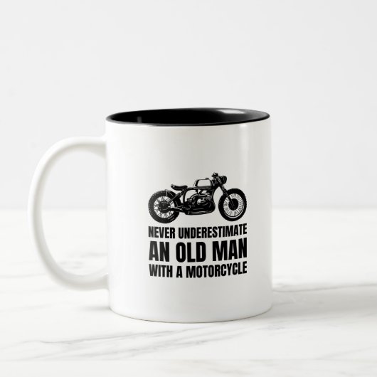 Onderschat nooit een oud Man met een motorfiets Tweekleurige Koffiemok (Links)
