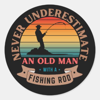 ONDERSCHAT NOOIT EEN OUDE MAN MET EEN HENGEL RONDE STICKER