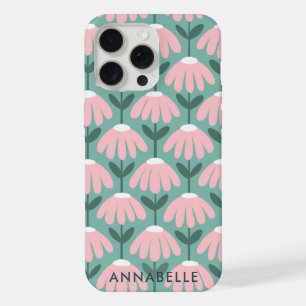 Onderste monogram naam roze groen vintage bloem iPhone 15 pro max case