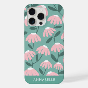 Onderste monogram naam roze & groene bloemmotief iPhone 15 pro max case