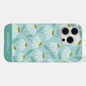 Onderste monogram naam tealblauwe bloempatroon iPhone hoesje (Achterkant horizontaal)