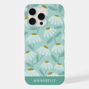 Onderste monogram naam tealblauwe bloempatroon iPhone 15 pro max case
