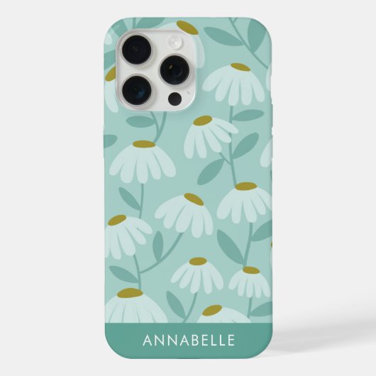 Onderste monogram naam tealblauwe bloempatroon iPhone hoesje (Achterkant)