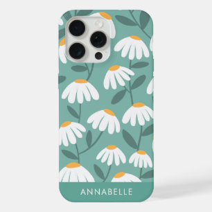 Onderste monogramnaam groen & wit bloemmotief iPhone 15 pro max case