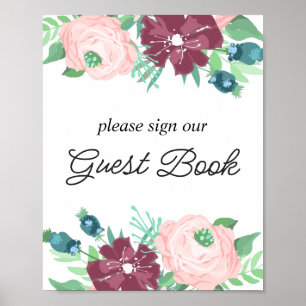 Onderteken ons gastenboek. Paarse boho tuinbloemen Poster