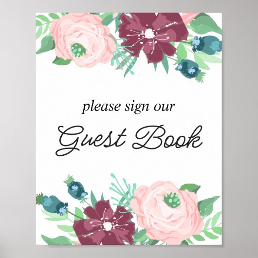 Onderteken ons gastenboek. Paarse boho tuinbloemen Poster (Voorkant)