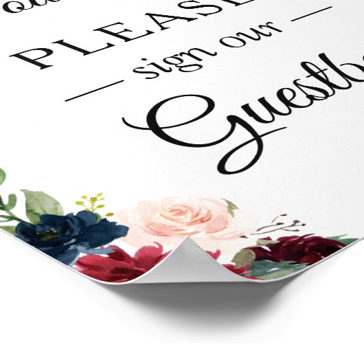 Onderteken ons Guestbook Burgundy Blush Blue Flora Poster (Hoek)